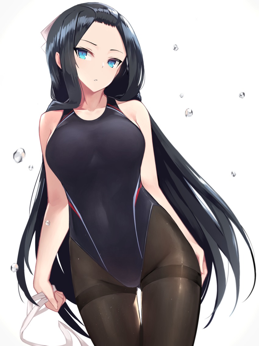 1girl, absurdres, air_bubble, arms_at_sides, bare_shoulders, black_hair, black_pantyhose, blue_eyes, bow, breasts, bubble, covered_navel, female_focus, forehead, hair_bow, highres, hikage_(sennen_sensou_aigis), long_hair, looking_at_viewer, medium_breasts, one-piece_swimsuit, pantyhose, pantyhose_under_swimsuit, parted_lips, ribbon, sennen_sensou_aigis, simple_background, solo, standing, swimsuit, thighband_pantyhose, very_long_hair, white_background, white_ribbon, yki