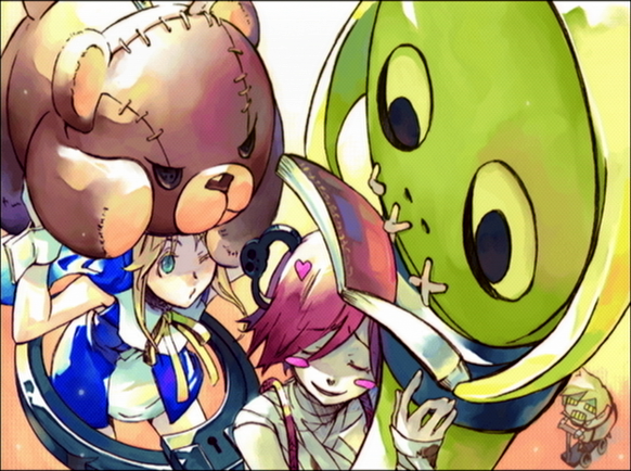 1girl, 2boys, a.b.a, arc_system_works, bandages, bear, blonde_hair, blush, blush_stickers, book, bridget_(guilty_gear), closed_eyes, disembodied_blush, green_eyes, guilty_gear, guilty_gear_xx, happy, heart, homunculus, key, key_in_head, multiple_boys, nun, nun_headdress, object_through_head, one_eye_closed, paracelsus_(guilty_gear), red_hair, robo-ky, robo_ky, robot, roger_(guilty_gear), short_hair, stuffed_animal, stuffed_toy, teddy_bear, trap, wink