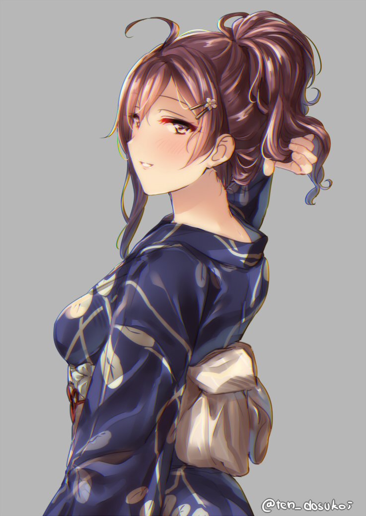 1girl, :d, ahoge, alternate_costume, alternate_hairstyle, bad_id, bad_pixiv_id, blue_kimono