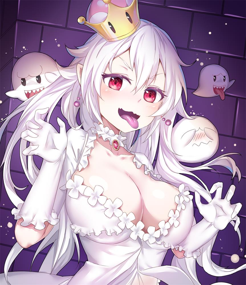 1girl, blush, boo_(mario), breasts, brooch, claw_pose, cleavage, collar