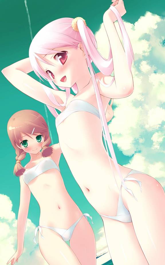 2girls, arms_up, bikini, braid, brown_hair, day, dutch_angle, flat_chest