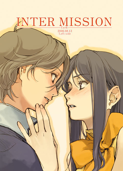 00s, 1boy, 1girl, blush, brown_hair, couple, english_text, eye_contact