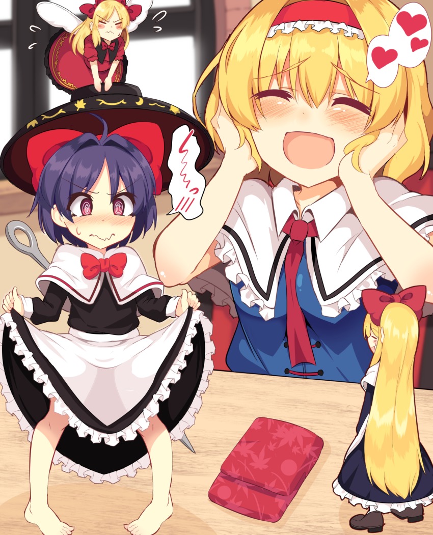 4girls, :d, @_@, ^_^, ahoge, alice_margatroid, alternate_costume, apron