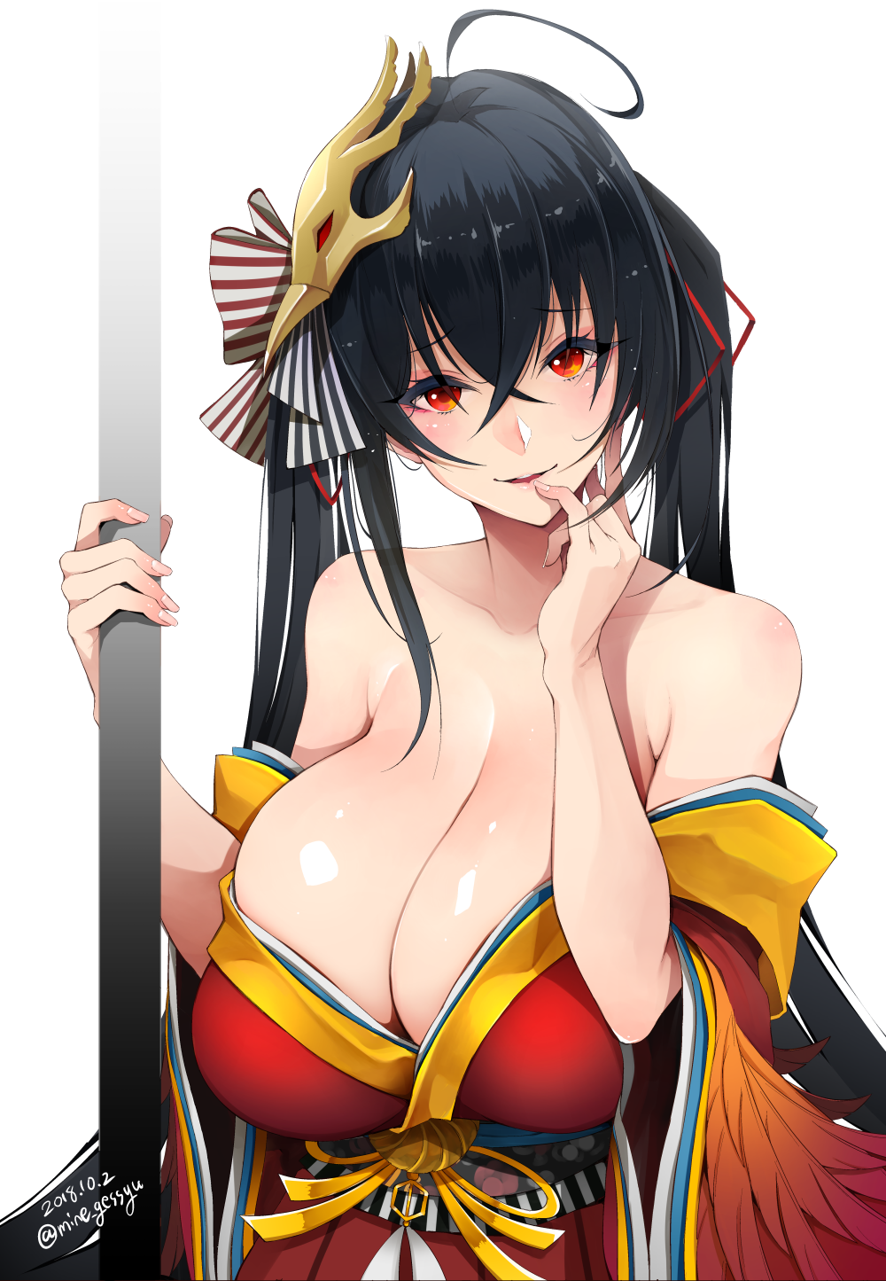 1girl, ahoge, azur_lane, bare_shoulders, black_hair, blush, breasts, cleavage