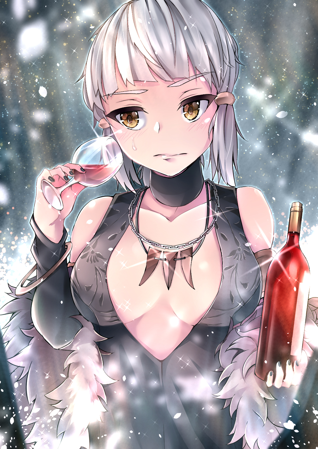 1girl, alcohol, bad_id, bad_pixiv_id, black_choker, black_dress, black_nails, blush