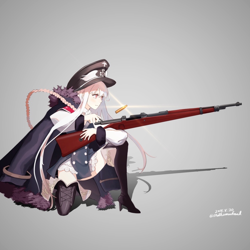 bolt_action, boots, casing_ejection, cross, dated, full_body, fur-trimmed_jacket, fur_trim, girls'_frontline, grey_background, gun, hat, high_heels, highres, iron_cross, jacket, jacket_on_shoulders, kar98k_(girls'_frontline), long_hair, long_sleeves, masamune_(mathumbnail), mauser_98, on_one_knee, peaked_cap, red_eyes, rifle, shadow, shell_casing, solo, thigh_boots, thighhighs, twitter_username, weapon, white_hair