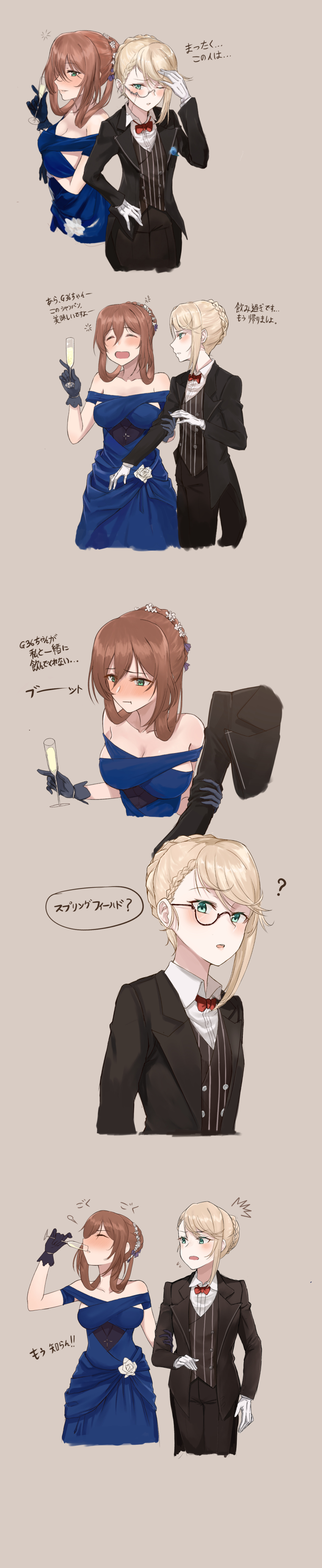 2girls, :o, absurdres, alcohol, arm_grab, arm_hug, arm_under_breasts, ayul_(ayulneri_92), bare_shoulders, black_jacket, black_pants, black_vest, blonde_hair, blue_dress, blush, bow, bowtie, braid, breasts, brown_hair, bun_with_braided_base, champagne, champagne_flute, check_translation, collared_shirt, crown_braid, cup, dress, dress_shirt, drinking, drinking_glass, drunk, flower, flying_sweatdrops, formal_clothes, g36_("sommelier")_(girls'_frontline), g36_(girls'_frontline), girls'_frontline, glasses, gloves, green_eyes, hair_between_eyes, hair_bun, hair_flower, hair_ornament, hair_ribbon, hair_rings, highres, jacket, long_image, long_sleeves, looking_at_another, medium_breasts, multiple_girls, nose_blush, off-shoulder_dress, off_shoulder, official_alternate_costume, pants, partially_translated, pot, red_bow, ribbon, rose, semi-rimless_eyewear, shirt, springfield_(girls'_frontline), springfield_(queen_in_radiance)_(girls'_frontline), springfield_(senjuushi), squeans, suit, swept_bangs, tall_image, translation_request, under-rim_eyewear, vest, white_flower, white_gloves, white_rose, white_shirt