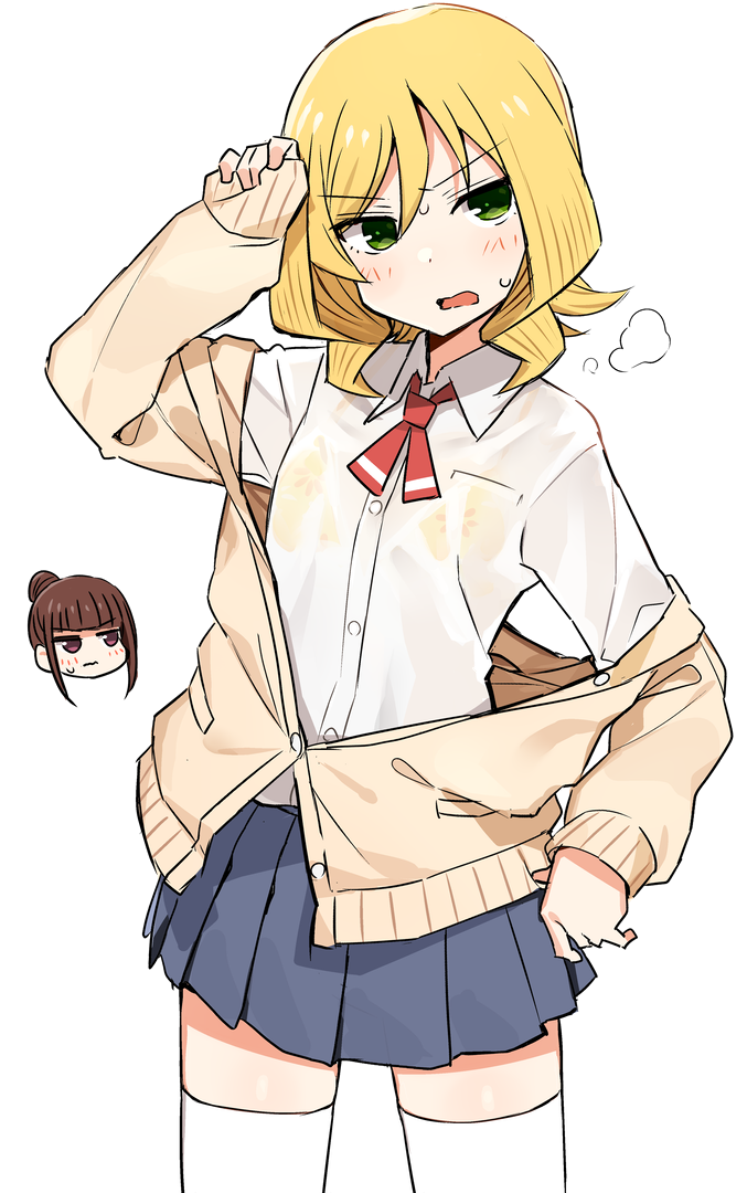 2girls, arm_up, blonde_hair, blue_skirt, blush, bra, bra_visible_through_clothes, brown_cardigan