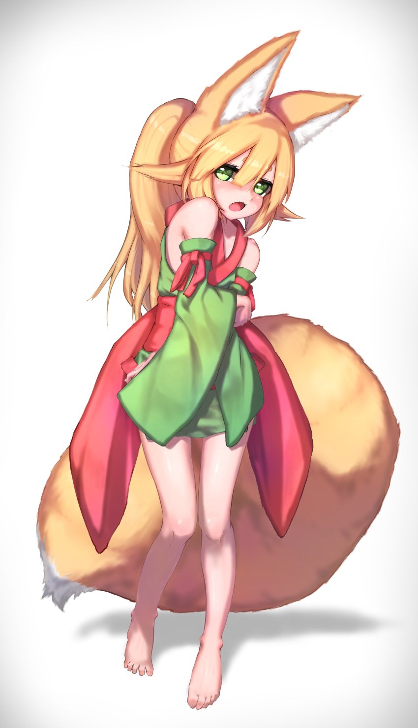 1girl, absurdres, akatsuki_urara, animal_ear_fluff, animal_ears, bare_shoulders, barefoot, blonde_hair