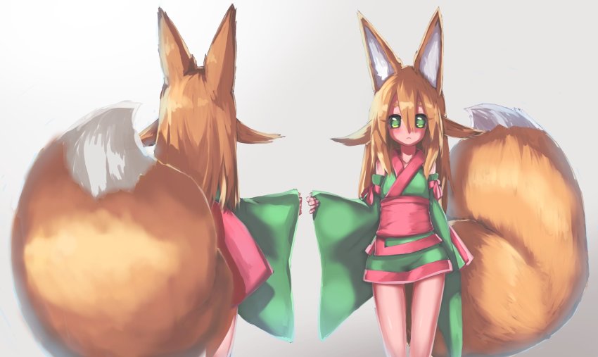 1girl, akatsuki_urara, animal_ear_fluff, animal_ears, arms_at_sides, bare_legs, blonde_hair, detached_sleeves