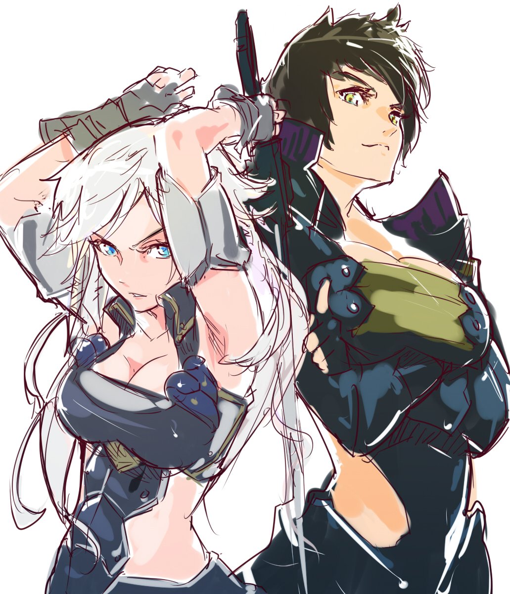 2girls, armor, bad_id, bad_twitter_id, breasts, crossed_arms, gender_request, genderswap