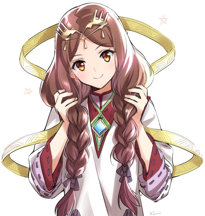 1girl, alternate_hairstyle, blush, braid, fan_la_norne, female_focus, head_tilt, japanese_clothes, long_hair, looking_at_viewer, niameresp, nintendo, parted_bangs, ribbon, simple_background, smile, solo, taromarun, twin_braids, white_background, xenoblade_chronicles_(series), xenoblade_chronicles_2, xenoblade_chronicles_2:_torna_-_the_golden_country, yellow_eyes