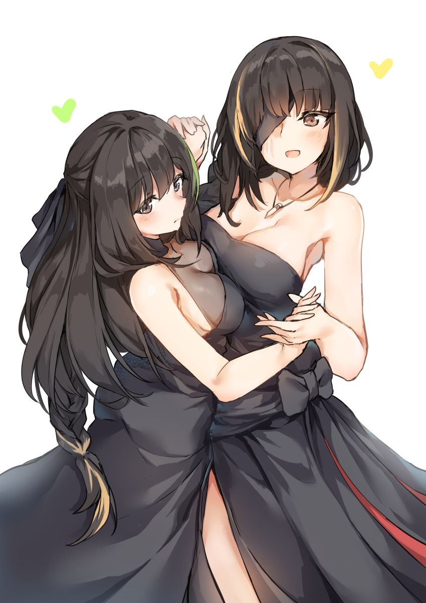 2girls, :d, absurdres, alternate_costume, armpits, asymmetrical_docking, black_dress, black_hair