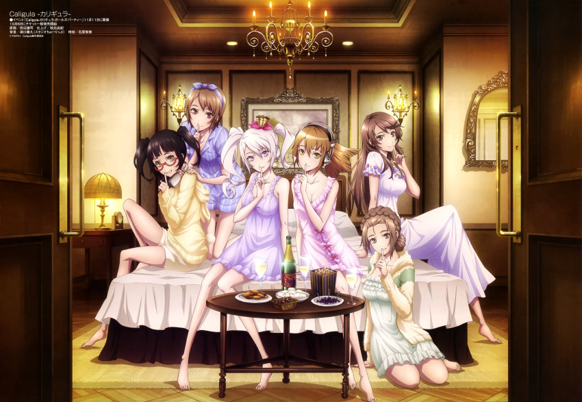 6+girls, absurdres, arm_support, barefoot, bed, bedroom, braid, breasts