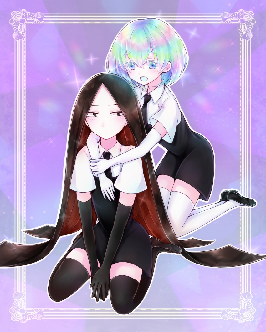 2others, black_eyes, black_gloves, black_hair, black_legwear, bort, colored_eyelashes, diamond_(houseki_no_kuni)