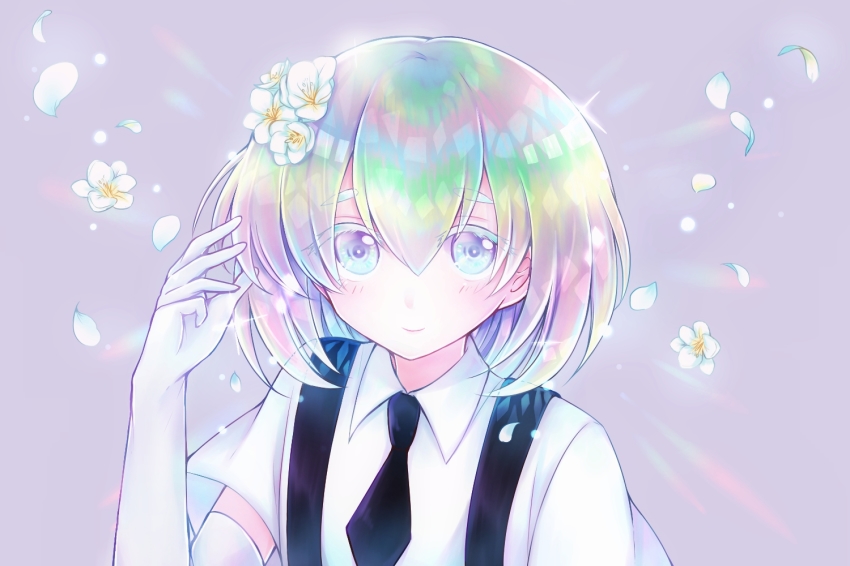 1other, androgynous, colored_eyelashes, crystal_hair, diamond_(houseki_no_kuni), elbow_gloves, flower, gem_uniform_(houseki_no_kuni)