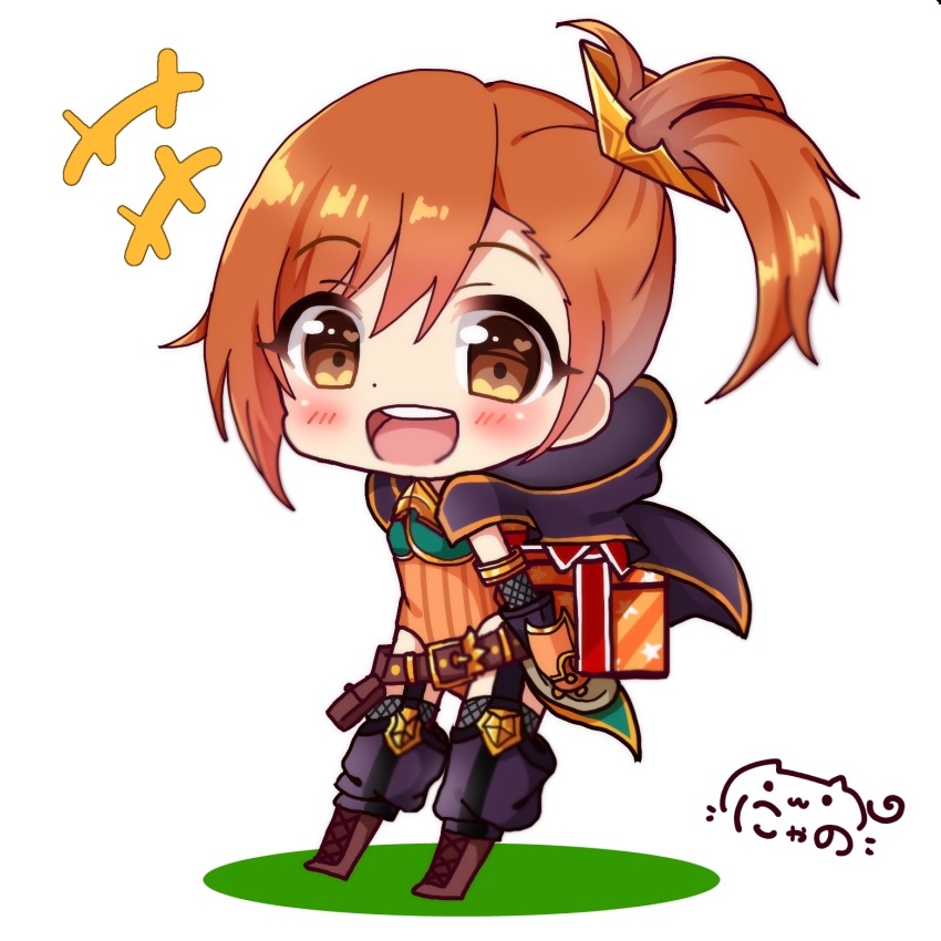 +++, 1girl, :d, asymmetrical_bangs, belt, belt_buckle, black_cape, blush, boots, box, brown_belt, brown_boots, brown_eyes, brown_hair, buckle, cape, chibi, commentary_request, diagonal_stripes, female_focus, fishnet_legwear, fishnets, full_body, gauntlets, gift, gift_box, hair_between_eyes, heart, heart_in_eye, high_side_ponytail, highres, holding, holding_gift, hood, hood_down, hooded_cape, lace-up_boots, leotard, misogi_(princess_connect!), nyano21, open_mouth, orange_leotard, princess_connect!, ribbed_leotard, round_teeth, side_ponytail, sidelocks, signature, simple_background, smile, solo, star_(symbol), striped, symbol_in_eye, teeth, upper_teeth_only, white_background
