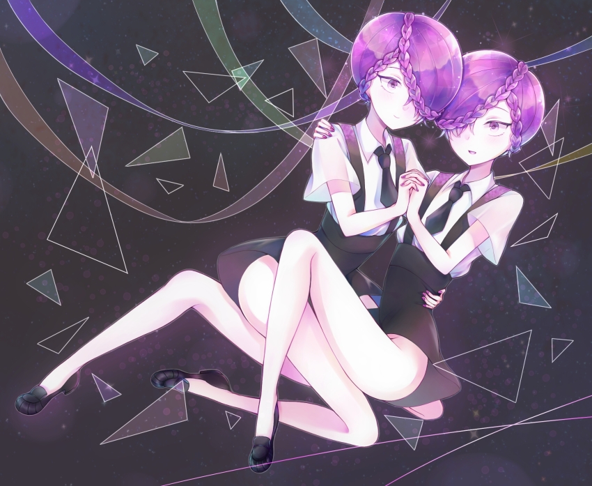 2others, amethyst_(houseki_no_kuni), androgynous, asymmetrical_hair, braid, colored_eyelashes, crystal_hair, full_body
