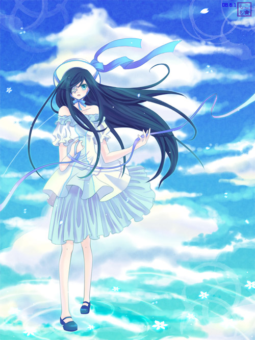 1girl, bad_id, bad_pixiv_id, bare_shoulders, black_hair, blue_eyes, cloud, day