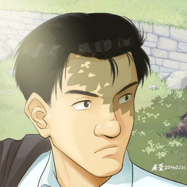 1boy, :|, black_eyes, black_hair, closed_mouth, dated, day, kongcool