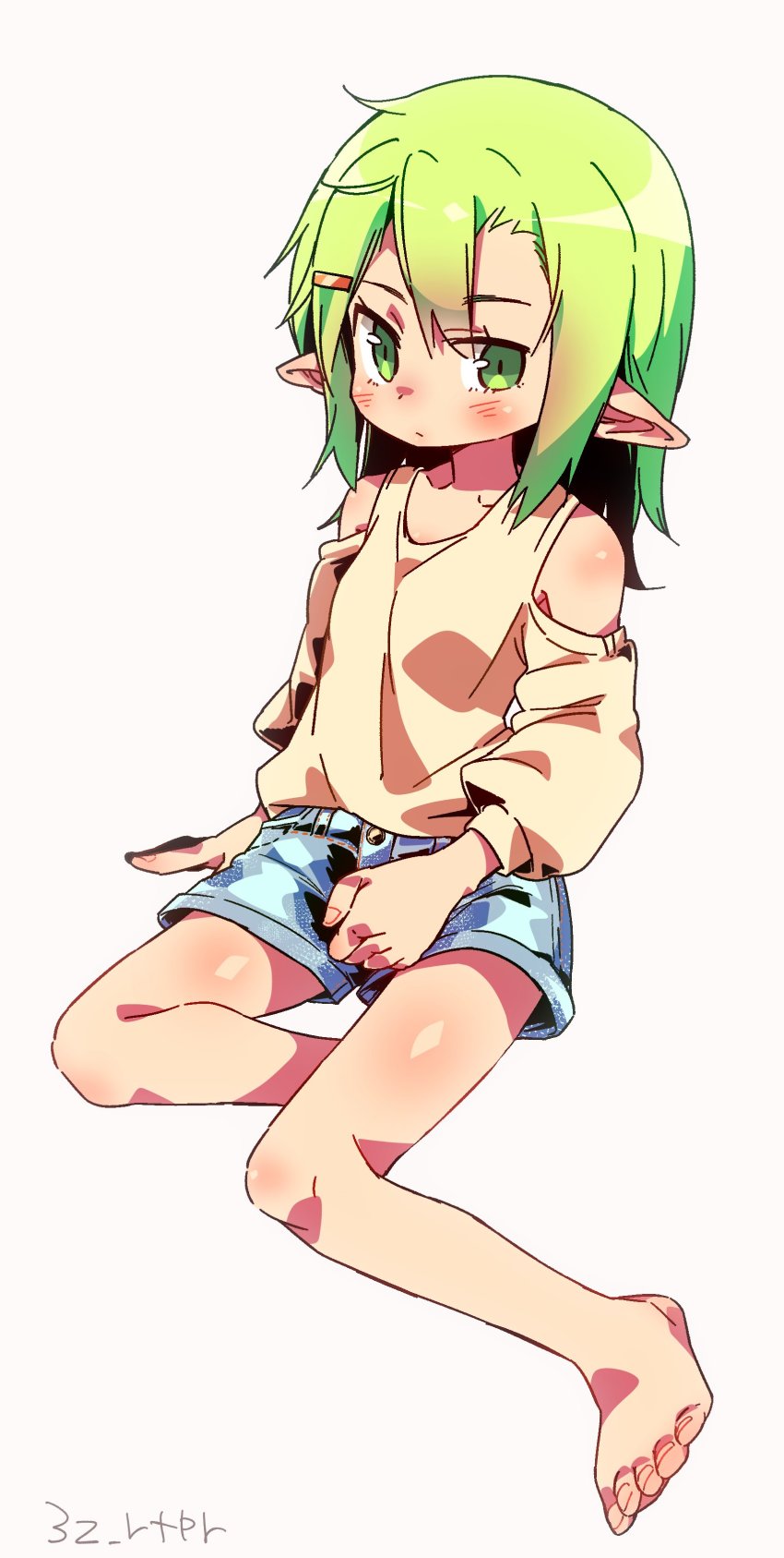 1girl, absurdres, barefoot, blonde_hair, child, feet, female_focus, green_eyes
