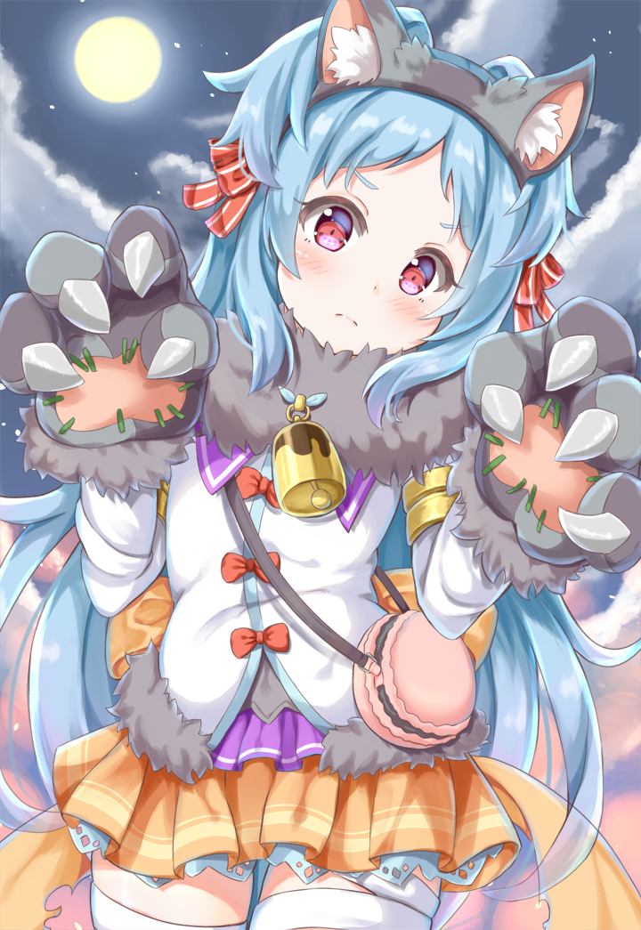 >:(, 1girl, animal_ear_fluff, animal_ears, animal_hands, bag, bell, black_hairband, blue_hair, blush, bow, closed_mouth, cloud, cloudy_sky, commentary_request, fake_animal_ears, female_focus, food_themed_bag, full_moon, fur_collar, gloves, hair_bow, hair_intakes, hairband, halloween, hands_up, head_tilt, keiran_(ryo170), long_hair, looking_at_viewer, miyako_(halloween)_(princess_connect!), miyako_(princess_connect!), moon, night, orange_skirt, outdoors, parted_bangs, paw_gloves, pleated_skirt, princess_connect!, red_bow, red_eyes, shirt, shoulder_bag, skirt, sky, solo, thighhighs, v-shaped_eyebrows, very_long_hair, white_shirt, white_thighhighs, wolf_ears