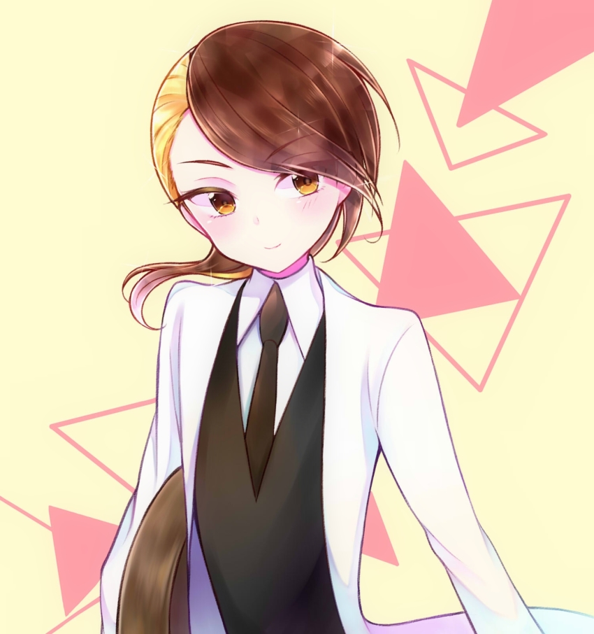 1other, asymmetrical_hair, blonde_hair, brown_hair, crystal_hair, eyes_visible_through_hair, gem_uniform_(houseki_no_kuni), highres