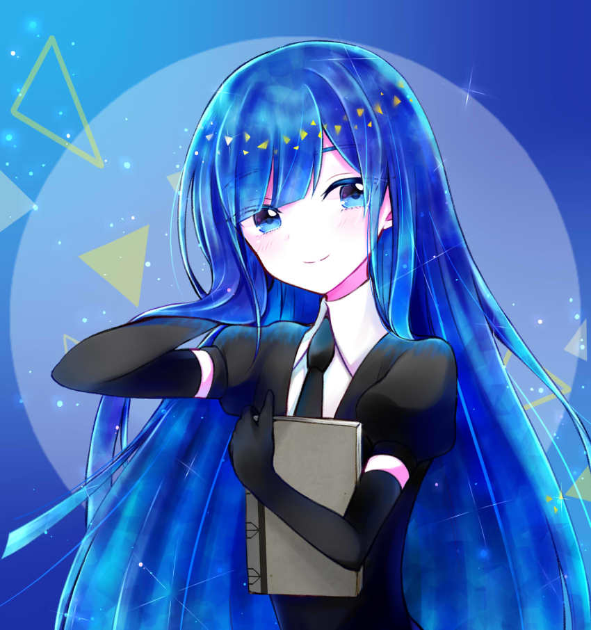 1other, androgynous, blue_background, blue_eyes, blue_hair, book, colored_eyelashes, crystal_hair, elbow_gloves, gloves, highres, houseki_no_kuni, lapis_lazuli_(houseki_no_kuni), nekotamago