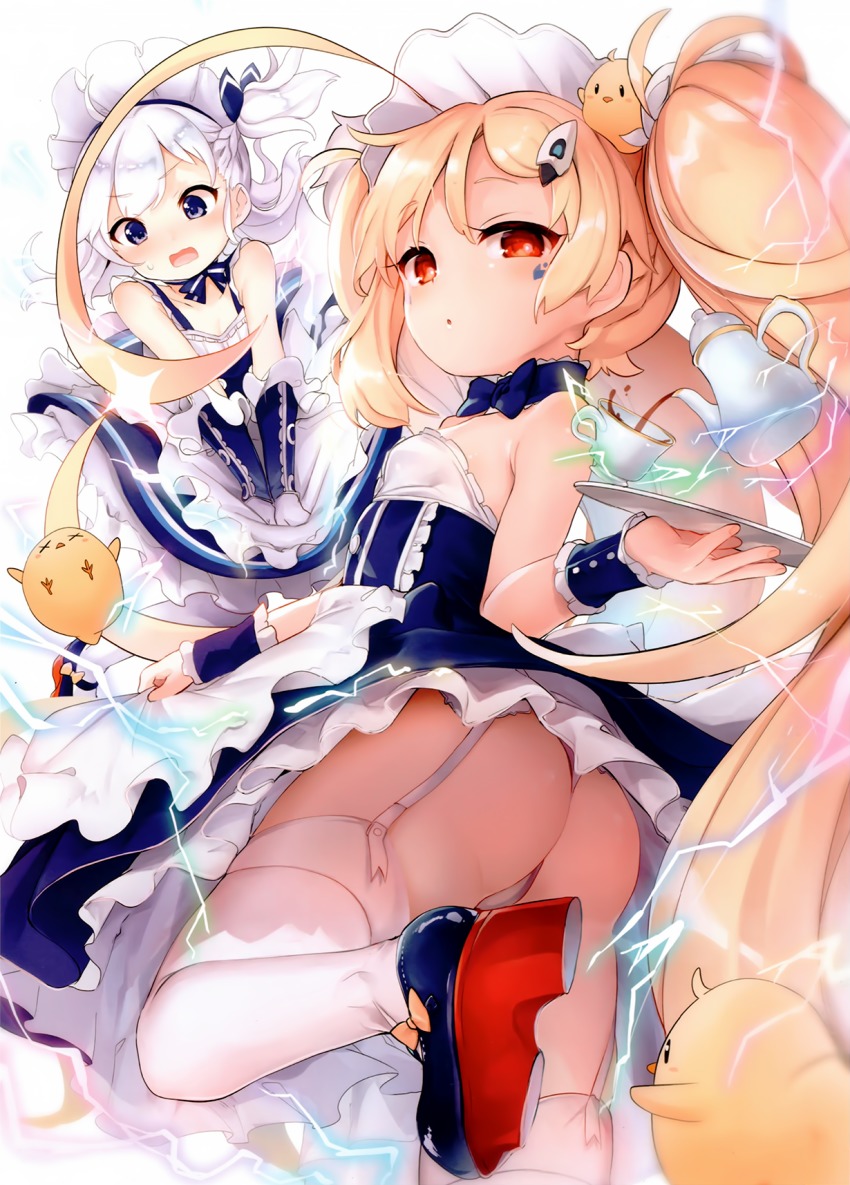 2girls, ahoge, apron, ass, azur_lane, little_bel_(azur_lane), belfast_(azur_lane), belfast_(azur_lane)_(cosplay), blonde_hair, blush, braid, breasts, cosplay, cropped, eldridge_(azur_lane), electricity, embarrassed, facial_mark, garter_belt, highres, kedama_milk, long_hair, maid_headdress, multiple_girls, official_art, open_mouth, panties, parted_lips, purple_eyes, red_footwear, scan, side_braid, skirt, skirt_tug, small_breasts, standing, standing_on_one_leg, sweatdrop, thighhighs, thong, tray, twintails, underwear, very_long_hair, waist_apron, wavy_mouth, white_hair, white_legwear, white_panties, wrist_cuffs
