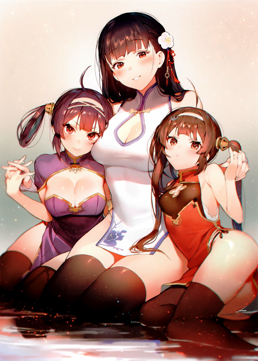 3girls, ahoge, azur_lane, black_hair, black_legwear, blunt_bangs, blurry, blush