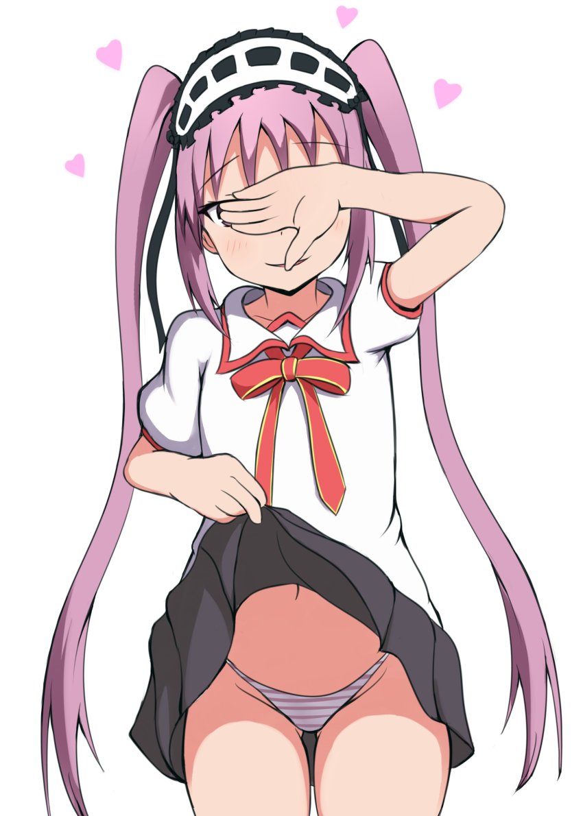 1girl, absurdres, arm_up, black_skirt, blush, bow, clothes_lift, commentary_request
