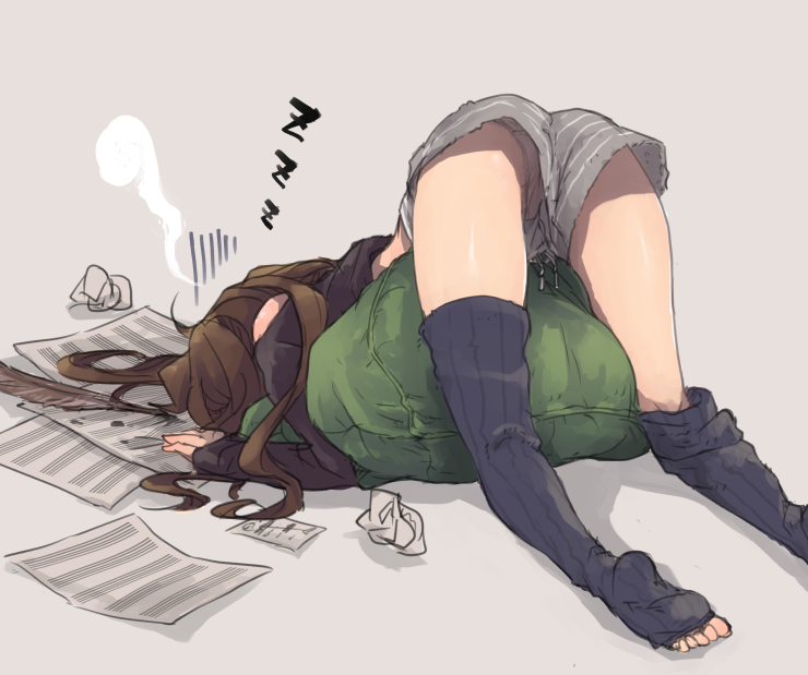 1girl, ass, black_thighhighs, brown_hair, feet, female_focus, grey_background, grey_panties, grey_shorts, isuzu_(log_horizon), log_horizon, long_hair, mo_(deciliter), panties, pantyshot, shiny_skin, short_shorts, shorts, simple_background, solo, thighhighs, underwear, upshorts