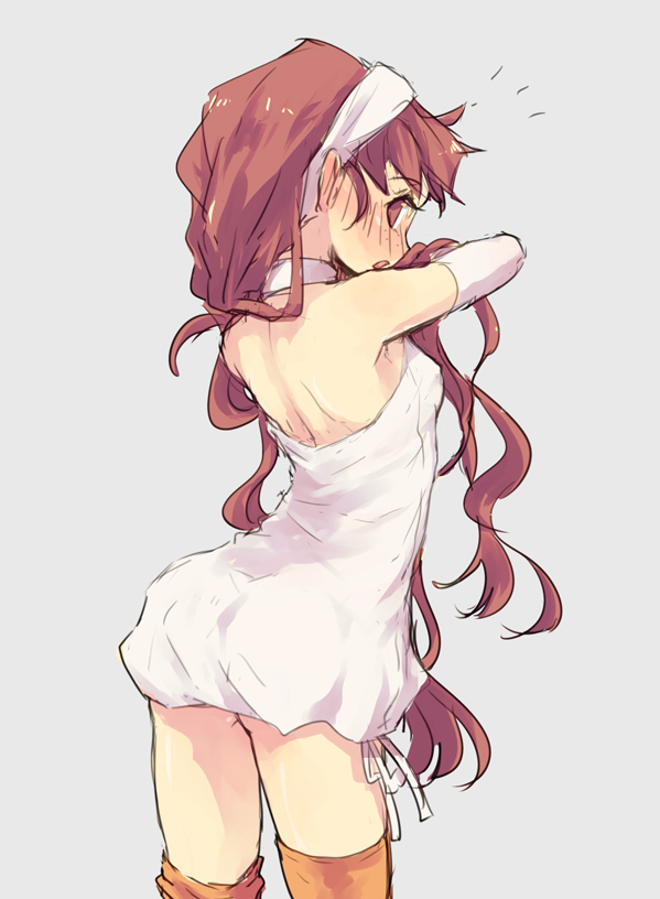 1girl, breasts, brown_eyes, brown_hair, brown_theme, cowboy_shot, detached_sleeves, dress