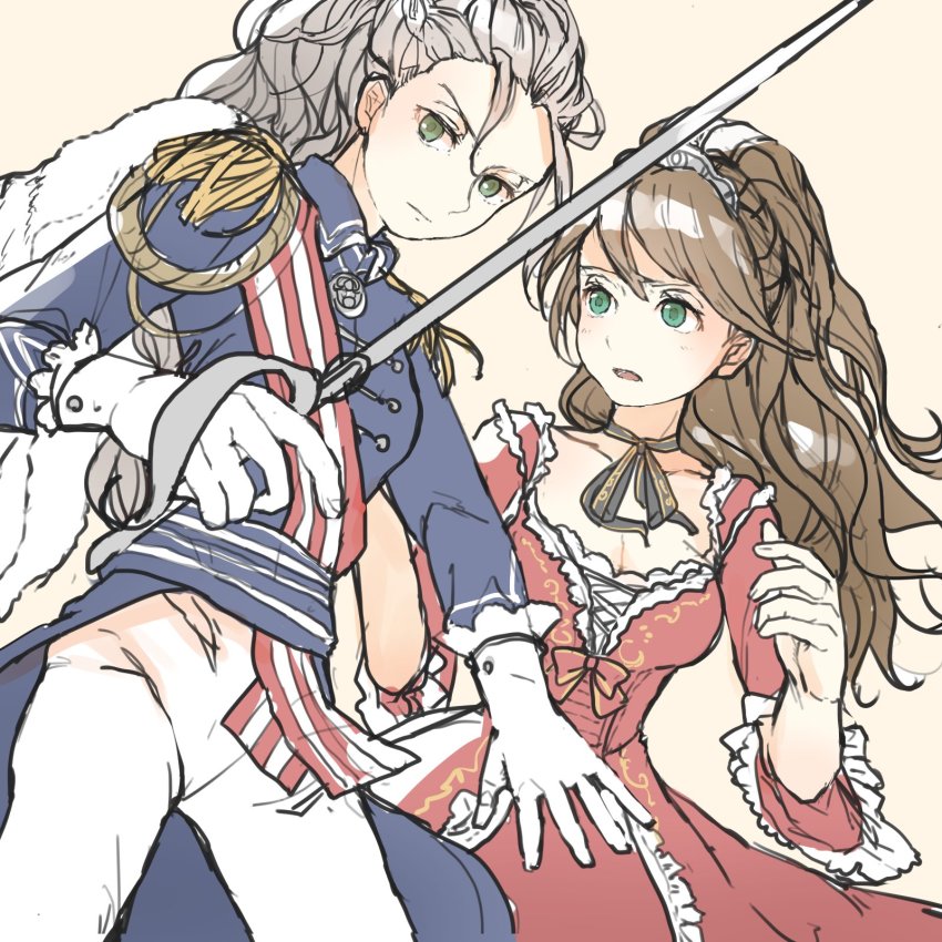 2girls, blonde_hair, braid, brown_hair, dress, gloves, green_eyes, h'aanit_(octopath_traveler)