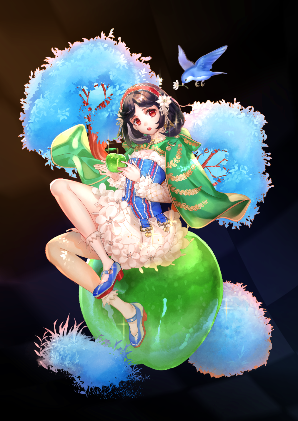 1girl, :o, apple, bird, black_background, black_hair, blue_footwear, blue_leaf