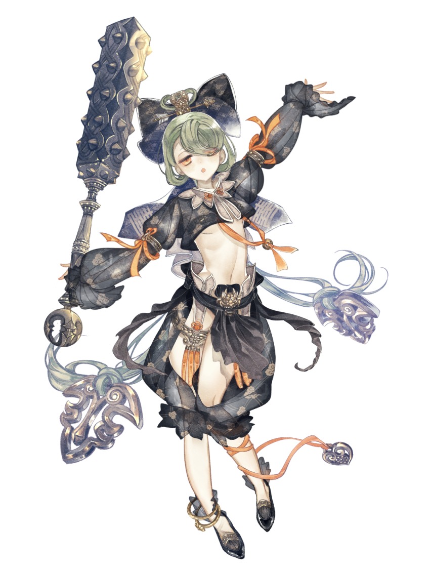 androgynous, anklet, arm_up, armlet, black_footwear, black_skirt, bow, chestnut_mouth, criac, full_body, gender_request, green_hair, hair_bow, hair_ornament, hair_over_one_eye, hair_rings, hair_stick, highres, holding, holding_weapon, jewelry, long_sleeves, looking_at_viewer, mace, midriff, navel, orange_eyes, orange_ribbon, original, ribbon, skirt, standing, weapon