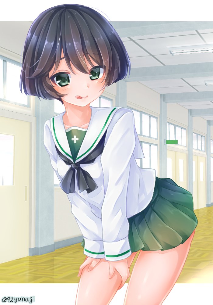 10s, 1girl, :q, black_hair, black_neckerchief, blouse, closed_mouth, commentary_request