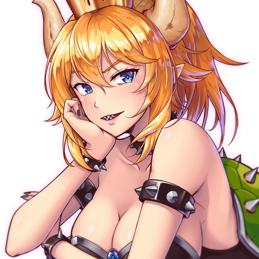 1girl, armlet, bare_shoulders, blonde_hair, blue_eyes, bowsette, bracelet, breasts