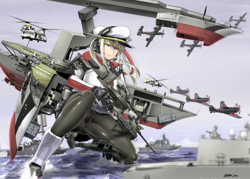 1girl, aircraft, aircraft_request, airplane, black_gloves, black_pantyhose, blonde_hair, capelet, ch-47_chinook, commentary_request, female_focus, firearm_request, full_body, gloves, graf_zeppelin_(kancolle), grey_eyes, gun, hair_between_eyes, hat, headphones, helicopter, jacket, kantai_collection, looking_at_viewer, military, military_hat, military_uniform, military_vehicle, miniskirt, necktie, pantyhose, peaked_cap, propeller_fighter, rifle, rigging, saizu_nitou_gunsou, ship, sidelocks, skirt, solo, twintails, water, watercraft, weapon, white_hat