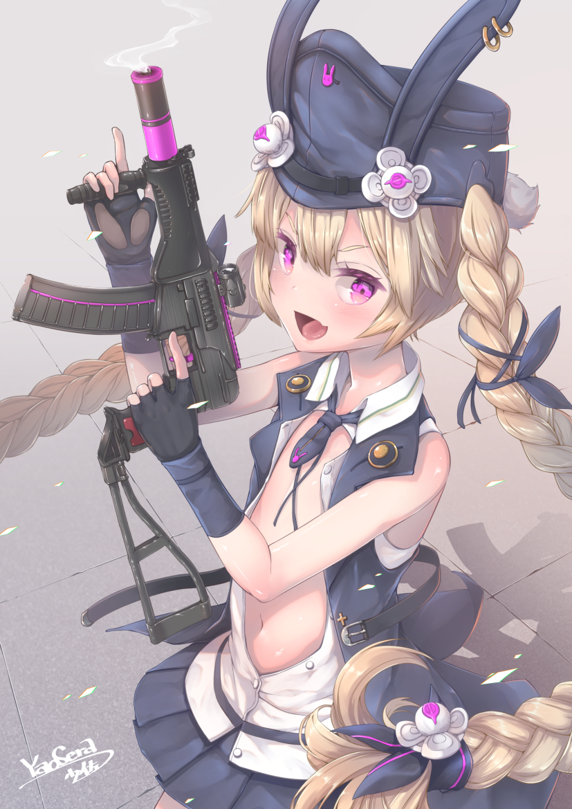 1girl, :d, animal_ears, animal_hat, arm_up, black_gloves, blonde_hair, blue_hat