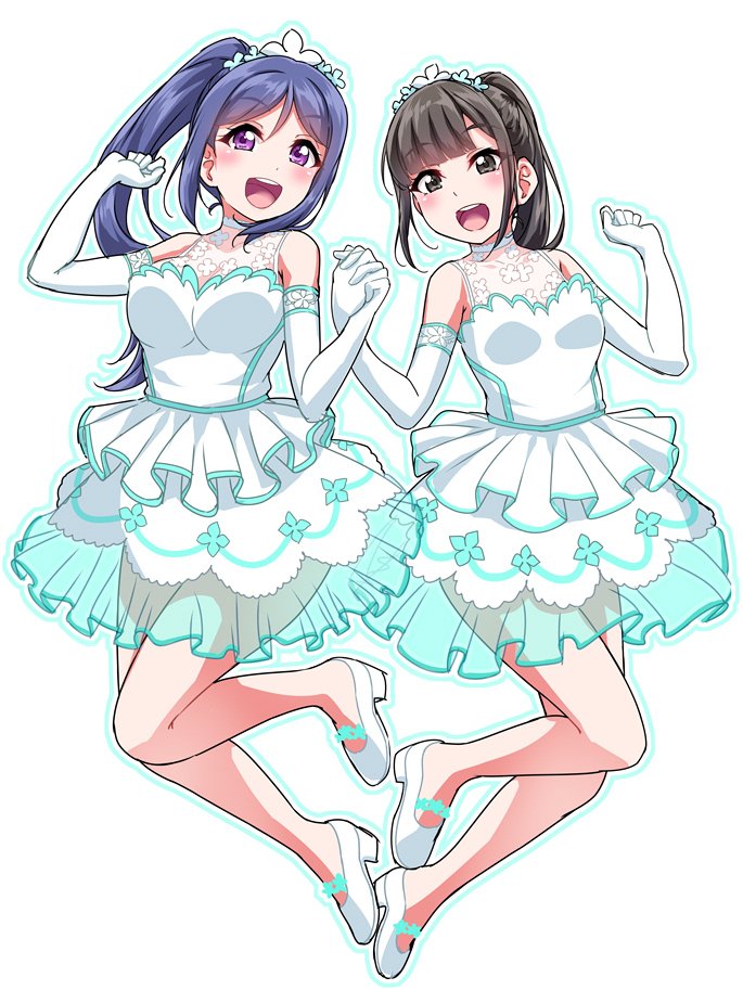 2girls, :d, black_eyes, black_hair, blue_hair, blue_outline, blush, clenched_hands