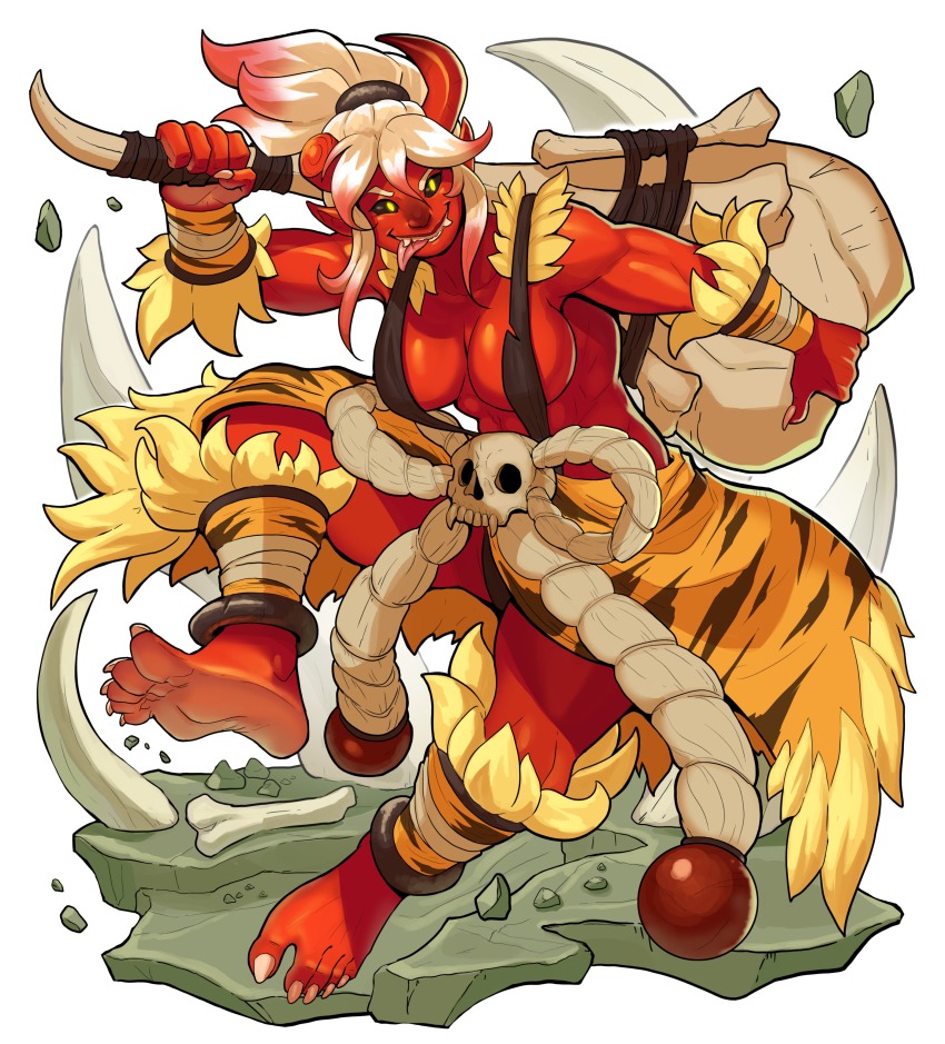 1girl, abs, absurdres, barefoot, black_sclera, bone, breasts, cee-haz, cleavage, club_(weapon), colored_sclera, colored_skin, commentary, demon_girl, english_commentary, feet, female_focus, gradient_hair, highres, horns, monster_girl, multicolored_hair, muscular, muscular_female, oni, original, pink_hair, pointy_ears, ponytail, red_oni, red_skin, single_horn, skull, solo, toned, tongue, tongue_out, weapon, white_hair, yellow_eyes