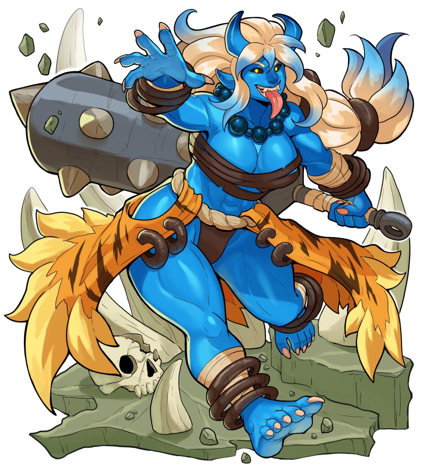 1girl, abs, absurdres, anklet, barefoot, black_sclera, blue_hair, blue_oni, blue_skin, breasts, cee-haz, cleavage, club, club_(weapon), colored_sclera, colored_skin, commentary, demon, english_commentary, feet, female_focus, gradient_hair, highres, horns, jewelry, kanabou, long_hair, looking_at_viewer, monster_girl, multicolored_hair, muscular, muscular_female, oni, original, sarashi, solo, toned, weapon, white_hair, yellow_eyes