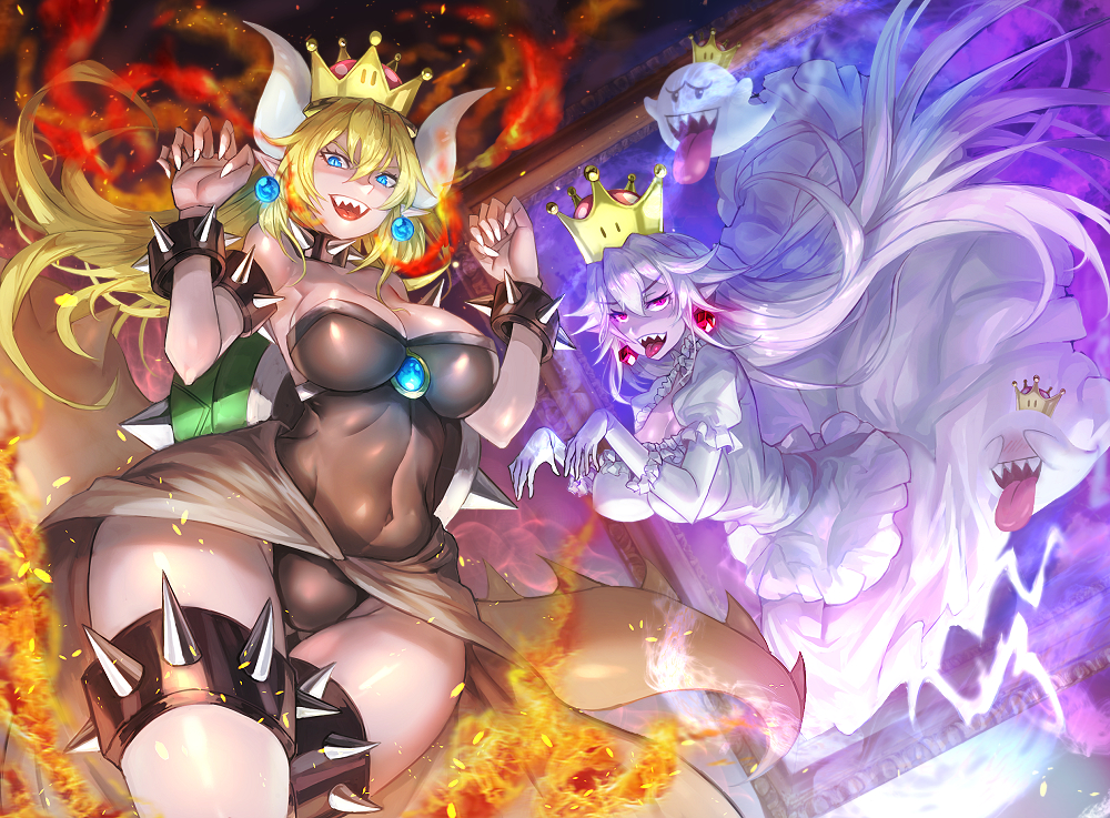 2girls, armlet, aura, blonde_hair, blue_eyes, boo_(mario), bowsette, bracelet