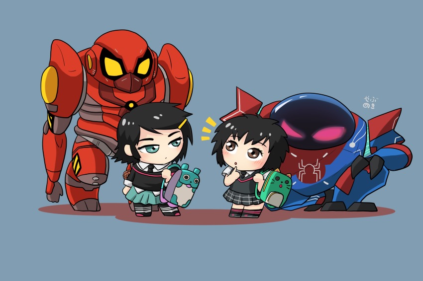 2girls, alternate_universe, animification, backpack, bag, black_footwear, black_hair, black_legwear, brown_eyes, chibi, commentary, dual_persona, green_eyes, hair_between_eyes, highres, marvel, mecha, multiple_girls, necktie, open_mouth, peni_parker, pleated_skirt, robot, school_uniform, shirt, short_sleeves, skirt, sp//dr, spider-man:_into_the_spider-verse, spider-man_(series), spider-verse, tagme, translation_request, yabunoki