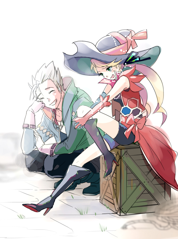 1boy, 1girl, blonde_hair, boots, chimaki_(impressiveanarchy), detached_sleeves, earrings, elbow_gloves