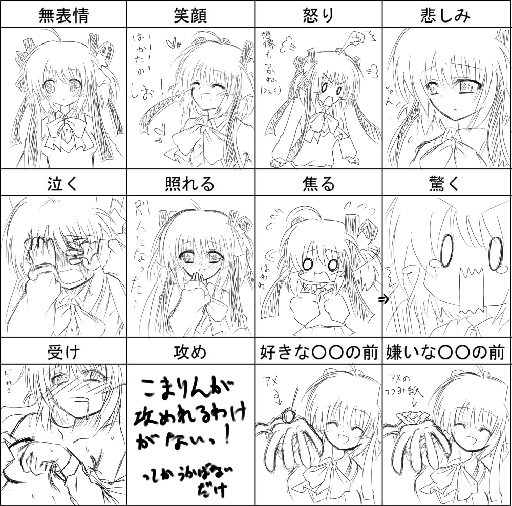 1girl, chart, facial_expression_training, greyscale, kamikita_komari, little_busters!, monochrome, multiple_drawing_challenge
