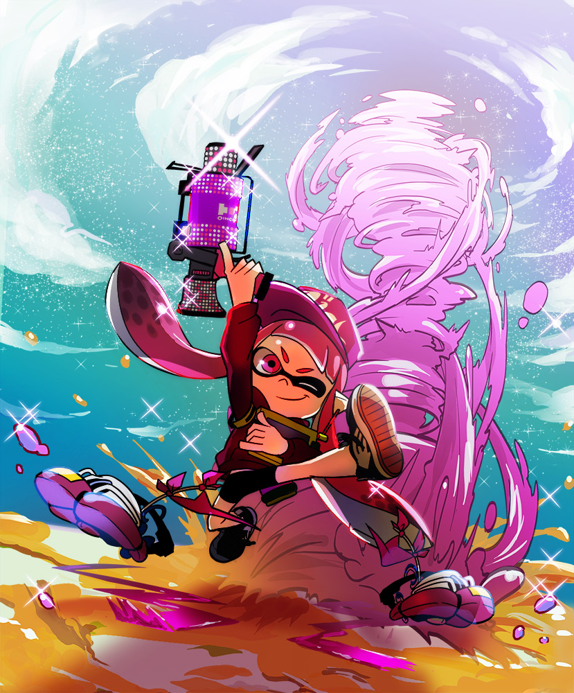 .52_gal_(splatoon), 1girl, arm_up, baseball_cap, bike_shorts, black_shoes, black_shorts, blunt_bangs