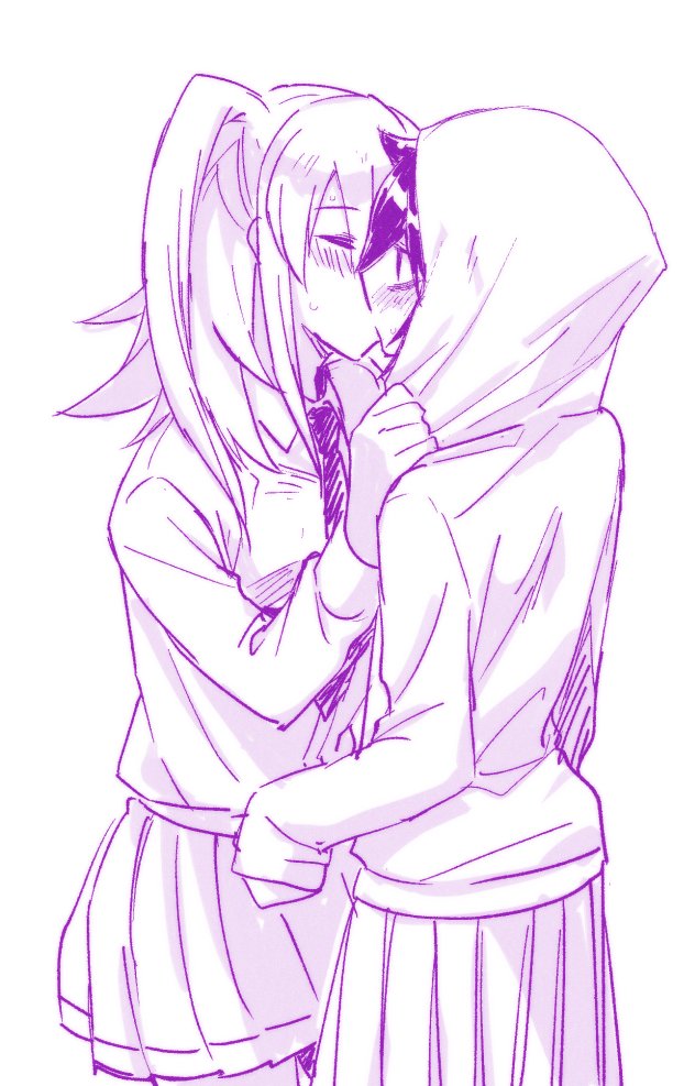 2girls, blush, borrowed_clothes, closed_eyes, clothes_grab, commentary, covered_mouth, cowboy_shot