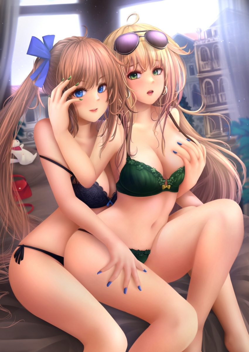 2girls, ahoge, anakin_sky_(utcc), aviator_sunglasses, blonde_hair, blue_bow, blue_bra, blue_eyes